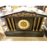 Excellent triple pillared steeple topped slate mantel clock with brass dial, pendulum and key