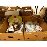 Two boxes of mixed porcelain including a good copper lustre jug, Continental charger etc