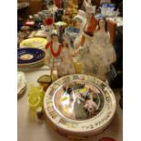 Two Staffs flatbacks, a parcel of Royal Doulton series plates including 'The Jester', 'The