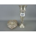 Hallmarked silver heart shaped trinket box and a London stamped trumpet vase with loaded base