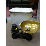 Enamel bread bin, an old iron scales with brass weights and a copper kettle