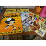 Good reproduction tin advertising signs - Wizard of Oz, Popsicles etc