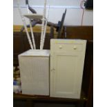 Vintage white painted small cupboard, loom style ottoman basket and a white painted occasional