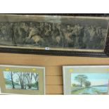 Two similar watercolours - countryside scenes and an antique print - maidens on horseback