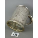 White metal chased decorated glass bottomed tankard, unmarked