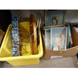 Box of various prints and a tub of miscellaneous items