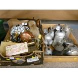 Box of mixed vintage items including copper kettle, Tiffany style lampshade etc and a box of