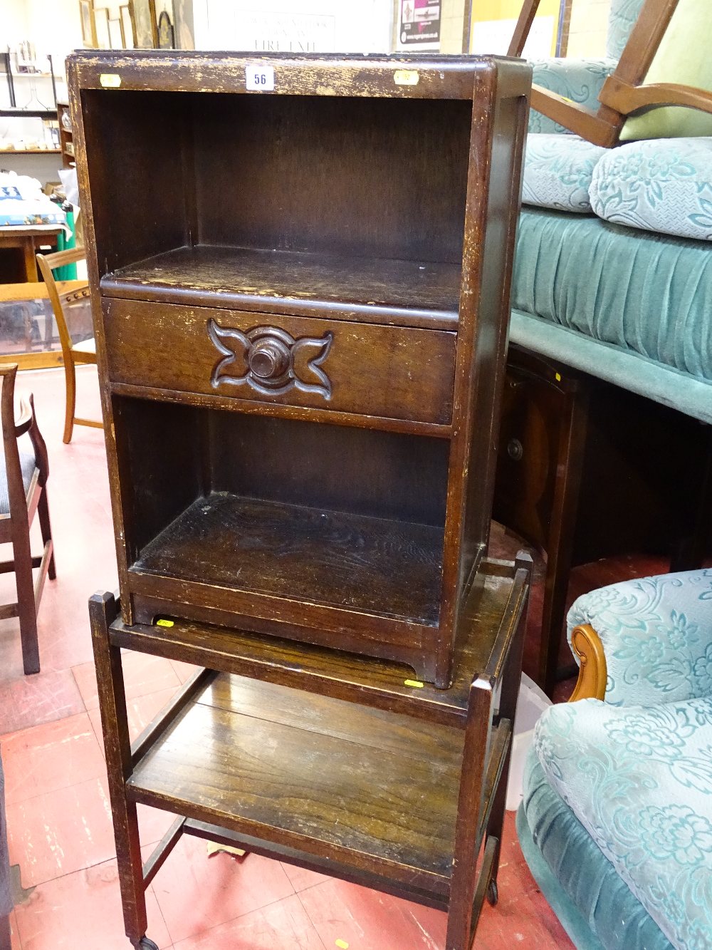 Polished wood two tier trolley and a small two shelf single drawer console unit