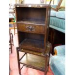 Polished wood two tier trolley and a small two shelf single drawer console unit