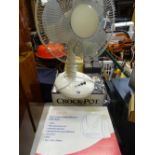 White three speed office desk fan, a Hyko Hurricane hand dryer HD1800 and a boxed crock pot slow