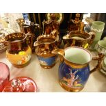 Quantity of copper lustre jugs