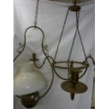 Two Victorian style brass effect hanging lamps, one with shade