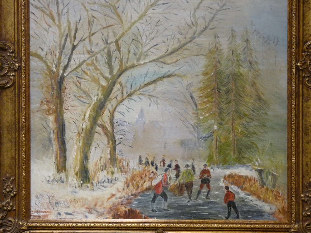 Unsigned oil on board - winter skating scene, 59 x 49 cms