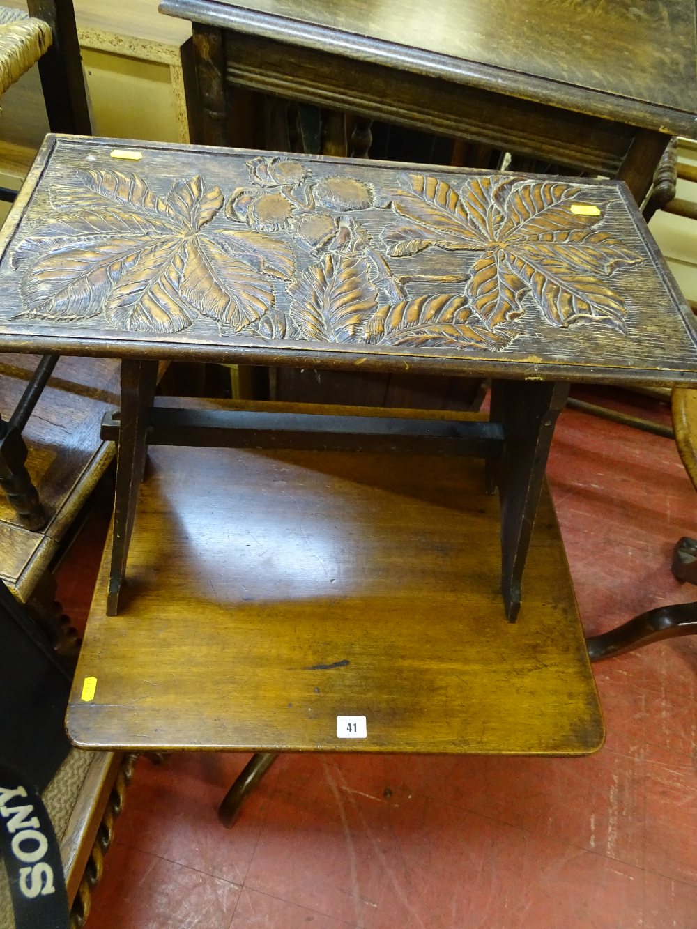 Square topped turned column tripod base occasional table and a carved Arts & Crafts style side