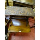 Square topped turned column tripod base occasional table and a carved Arts & Crafts style side