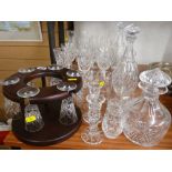 Good parcel of drinking glassware including a pair of decanters with stoppers, another decanter etc