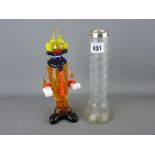 Vintage spiral glass vase with hallmarked silver collar and a Murano glass clown