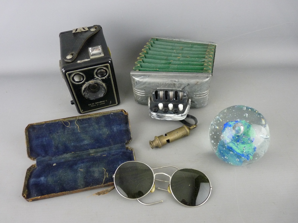 Magnus Jnr accordion, a 1939 dated whistle, cased pair of vintage glasses and a Kodak SIX-20 Brownie
