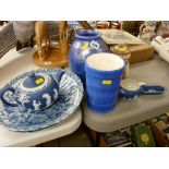 Parcel of Wedgwood Jasperware, Dudson coffee pot and two excellent blue and white bird decorated