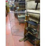 Vintage shoe horn, metal rack and a brass and chrome metal three shelf compact stand