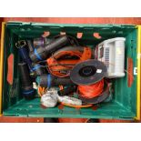 Crate of various electric garage items including Extreme jigsaw, Roadster battery charger,