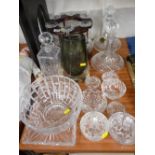 Two ship's decanters with stoppers, set of six long stemmed wine glasses, other glassware etc