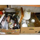 Box of mixed household items and a box of glassware etc