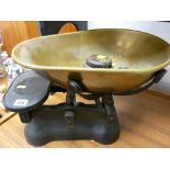 Excellent size old shop scales with heavy brass dish and weights