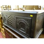 Black finished blanket box with carved centre front chevron