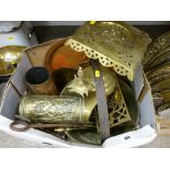 Box with good brass contents including fire irons, jam pan, kettle stand etc