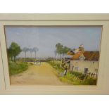 EYRES SIMMONDS watercolour - country lane with ladies working and buildings, 24 x 34 cms