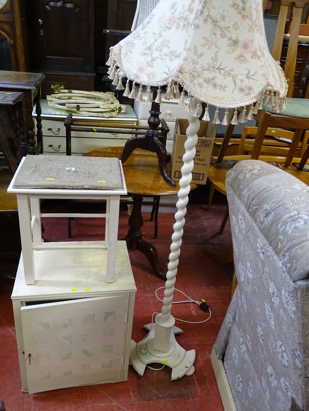 Vintage white painted food cupboard, white painted barley twist standard lamp and shade and small