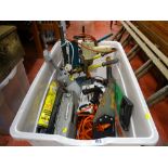 Large plastic tub of drill and stand, extension lead, hand saws, as new claw hammers, radio etc E/T