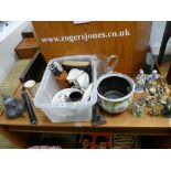 Tub of mixed porcelain, cased binoculars, pewter ware, figurines etc (a parcel)