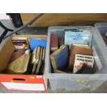 Plastic tub and box of vintage books - 'Marine Aircraft Design', 'Wings in Motion', political titles