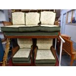 Three piece Bergere suite with floral upholstered cushions