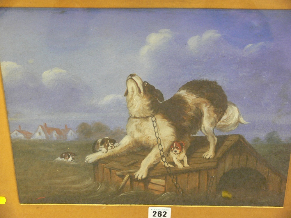 20th Century School oil on board behind glass - chained dog with puppies 'The Rescue', 39 x 31 cms