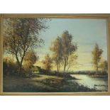 FOULON oil on canvas - riverside scene, 48 x 68 cms