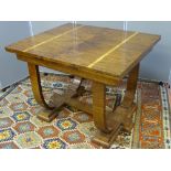 AN ART DECO WALNUT DRAWER LEAF DINING TABLE, quartered veneer top with satinwood cross bands, (