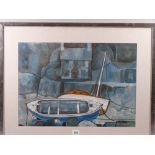 ROY OSTLE mixed media - two beached boats by a harbour wall with cottage in the background,