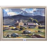 EDWIN (ED) FORREST oil on board - farmstead with mountain backdrop, titled 'Welsh Hill Farm No. 1