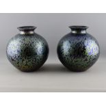 A PAIR OF CONTEMPORARY IRIDESCENT ART GLASS BULBOUS VASES, the bases marked 'Royal Brierley Studio',