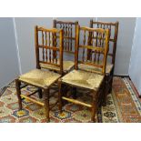 A GOOD SET OF FOUR LANCASHIRE ELM & RUSH SEAT SPINDLEBACK DINING CHAIRS, 100.5 cms high, 47 cms