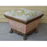 AN EXCELLENT CARVED OAK & TAPESTRY UPHOLSTERED OTTOMAN/STOOL having acanthus leaf and rope twist