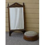 AN INLAID ROSEWOOD WALL MIRROR with bevelled edged glass and shelf and a circular tapestry topped