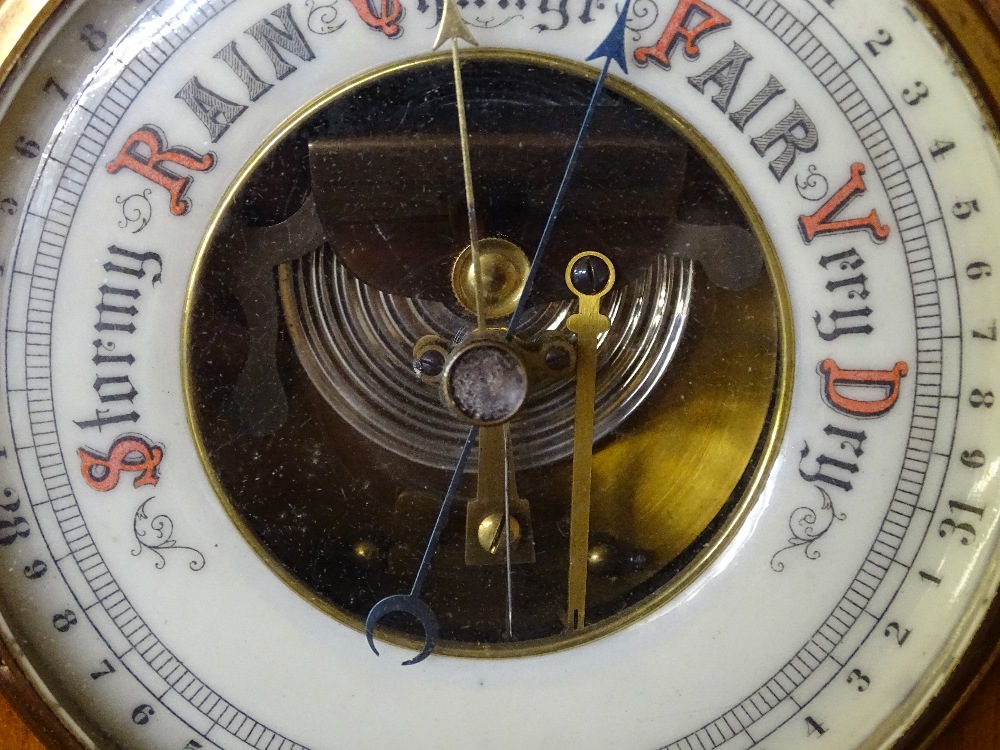 TWO VINTAGE WALL BAROMETERS, an inlaid circular mahogany example with mother of pearl insets, the - Image 3 of 4
