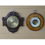 TWO VINTAGE WALL BAROMETERS, an inlaid circular mahogany example with mother of pearl insets, the