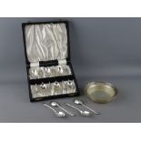 QUANTITY OF SILVER TEASPOONS & A BUTTER DISH WITH GLASS LINER, to include a cased set of six with