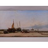 GEORGE D CALLOW oil on canvas, unframed - busy coastal scene with numerous beached boats and