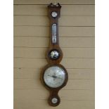 A GEORGIAN LINE INLAID MAHOGANY BANJO/WHEEL BAROMETER with thermometer, 95 cms long